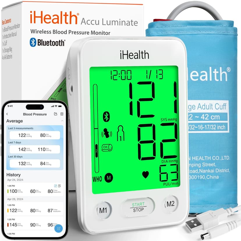 iHealth Accu Luminate Blood Pressure Monitor – 4.5" Tri-Color WHO-Based LCD(White), Clinically Accurate, Irregular Heartbeat Alert, Body & Cuff Detection, Bluetooth Cloud Sync, Large 8.6"–17" Cuff