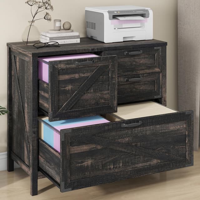Halitaa Lateral File Cabinet with 4 Drawers Farmhouse File Cabinet for Letter/Legal/A4 Size Hanging Files, Large Wood File Storage Cabinets Printer Stand for Home Office Cabinet, Dark Rustic Oak