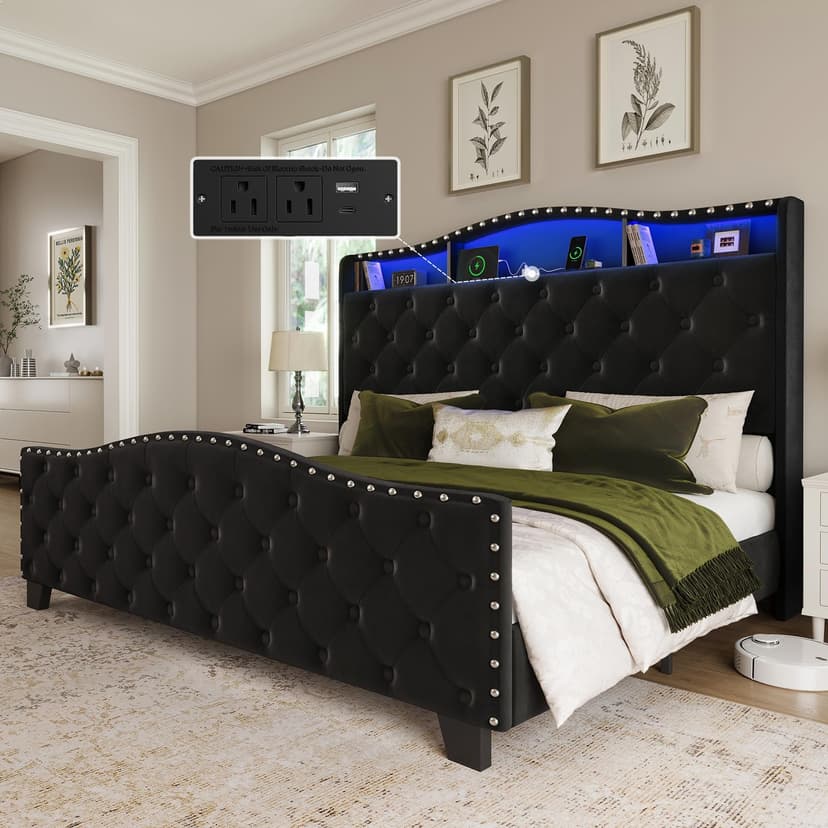 Belffin Queen Size Bed Frame and Headboard, 50.9" Velvet Upholstered Wingback Bedframe with LED Lights & Storage/Charging Station, Button Tufted Tall Footboard, No Box Spring Needed, Noise-Free, Black
