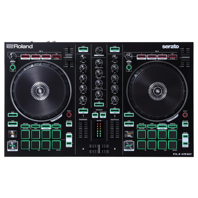 Roland DJ-202 Compact DJ Controller | 2-Channel, 4-Deck Controller for Serato DJ Lite | Large, Low-Latency Platters | Iconic Roland Drum Kit Sounds