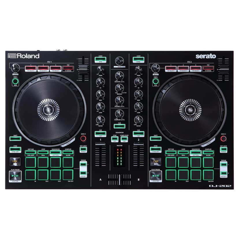 Roland DJ-202 Compact DJ Controller | 2-Channel, 4-Deck Controller for Serato DJ Lite | Large, Low-Latency Platters | Iconic Roland Drum Kit Sounds