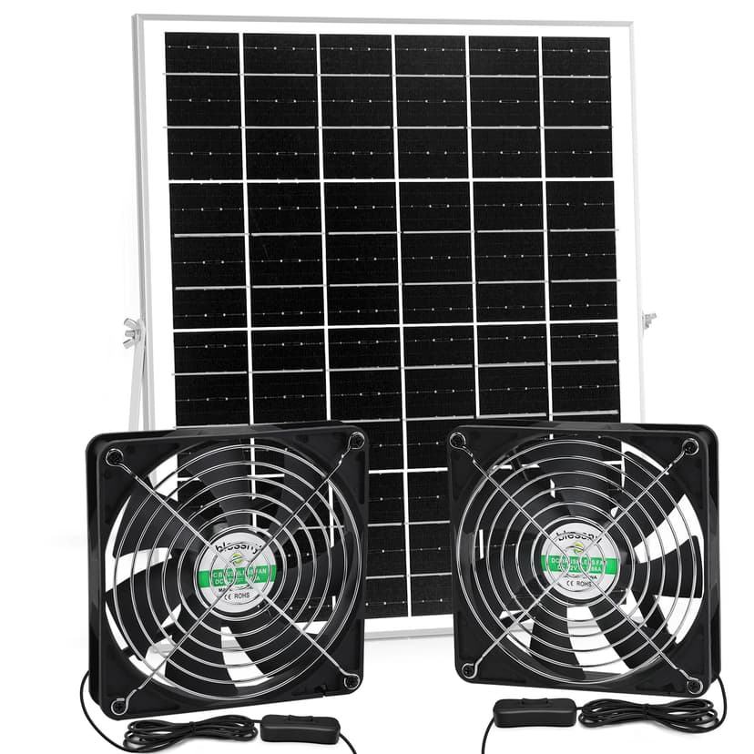 blessny 5.5" Solar 2 Fan Kit for Intake or Exhaust air, Weatherproofed Solar Powered Fans for Outside Chicken Coops, Greenhouses, Shed, Pet House Air Ventilation