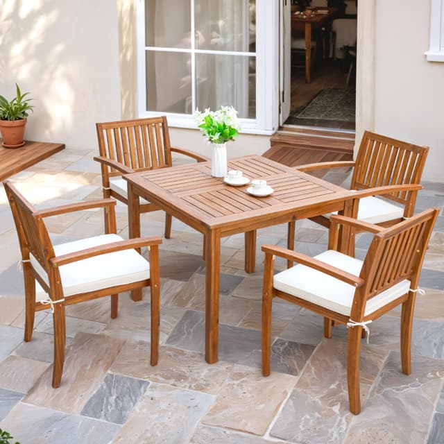 Flamaker 5 Piece Outdoor Dining Set Acacia Wood Patio Table and Chairs with Soft Cushions Patio Furniture for Deck, Backyard, Garden