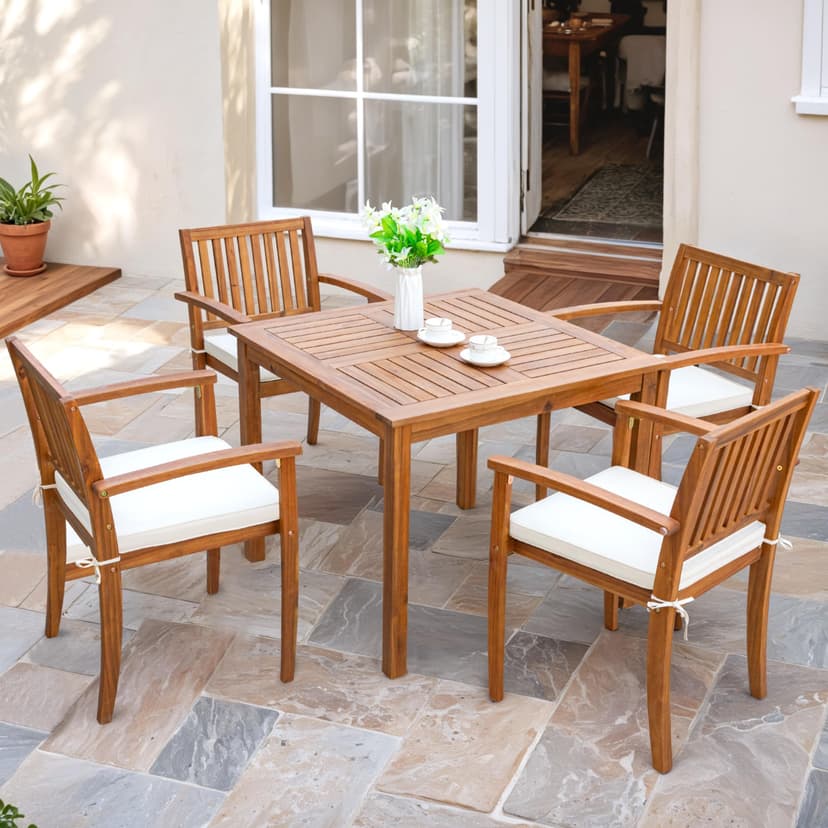 Flamaker 5 Piece Outdoor Dining Set Acacia Wood Patio Table and Chairs with Soft Cushions Patio Furniture for Deck, Backyard, Garden