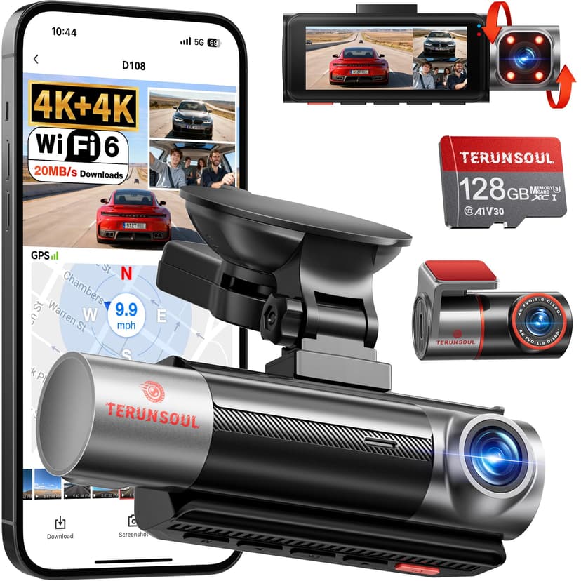 TERUNSOUl 4K+4K+1080P Dash Cam Front and Rear with Cabin, Free 128GB Card Included, WiFi 6 - up to 20MB/s, IR Night Vision, Built-in GPS, G-Sensor, 170°Wide Angle, 24H Parking Mode, Support 512GB Max
