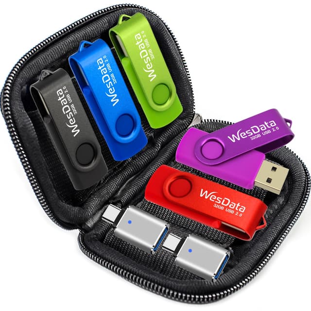 WesData 5 Pack 64GB USB Flash Drive and 2 Pack USB C Adapters in a Case, Thumb Drives Memory Stick Storage and Backup for Smart Phones with Type C Port, Laptops, PC(5 Colors) (64, GB)