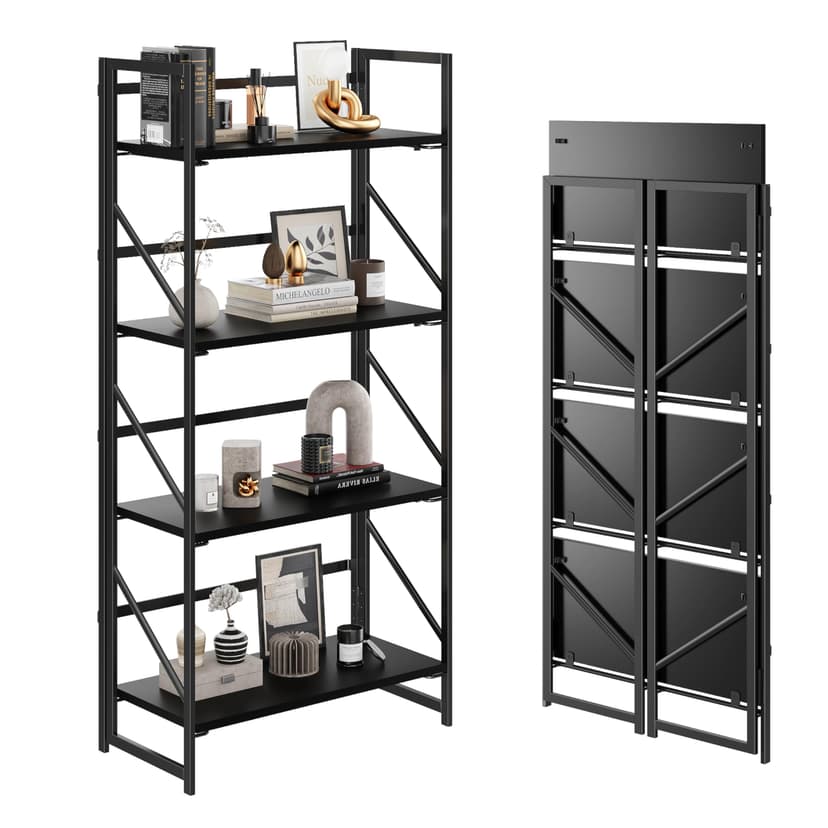 JSB No Assembly Folding Bookshelf, 4 Tier Industrial Metal Book Shelf for Storage, Vintage Wood Foldable Bookcase for Living Room, Bedroom, Office Organization Shelves