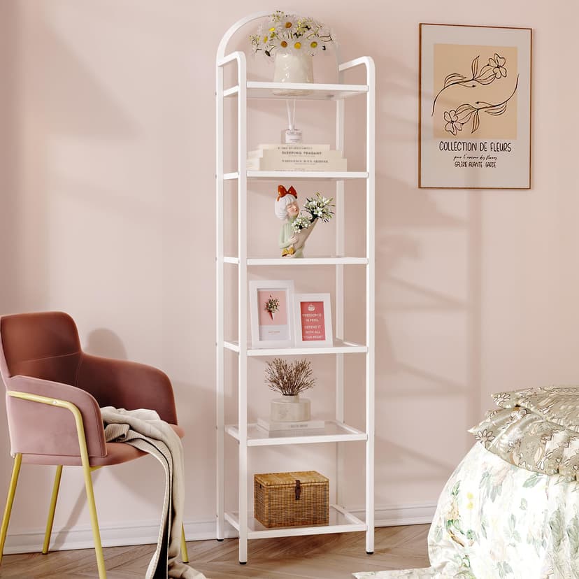 Hzuaneri Bookcase Bookshelf, Tempered Glass Bookshelves, Slim Shelving Unit for Bedroom, Bathroom, Home Office, Steel Frame, 6 Tier White BC10699W