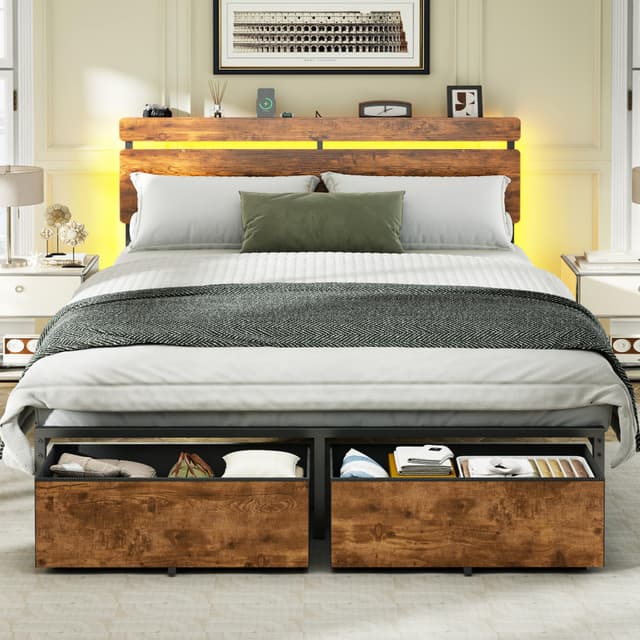 Forestell Queen Bed Frame with Wood Headboard, Metal Platform Bed with 2 Storage Drawers & Shelf, Built-in Charging Station & LED Lights, No Box Spring Needed, Vintage Brown, Cama Queen Size