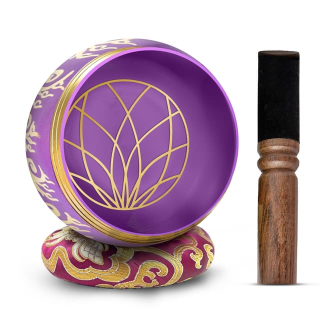 Tibetan Singing Bowl Set - 4" Easy To Play Authentic Handmade For Meditation Sound 7 Chakra Healing By HIMALAYAN BAZAAR (Purple, 4")