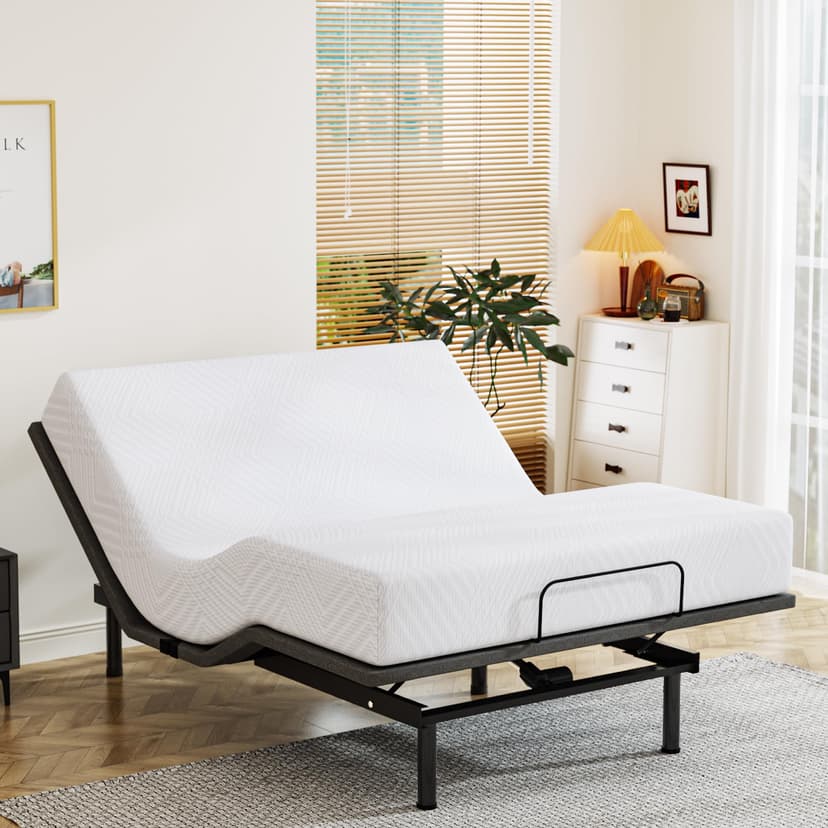 Dyonery Queen Adjustable Bed Base Frame with Wireless Remote + 12 Inch Queen Green Tea Gel Memory Foam Mattress Bed in a Box, Head and Foot Incline, Zero Gravity, Fiberglass Free, 80" × 60"