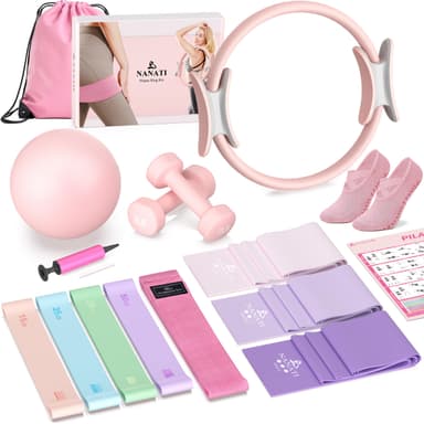 NANATI Pilates Kit 17PCS,Pilates Essential Kit for Women, Pilates Equipment with 14.5" Pilates Ring and Ball,8 Resistance Bands,Dumbbells & Grip Socks Accessories, Home Pilates Workout Kit for Starter