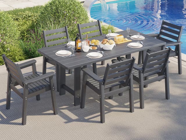 AMERLIFE 7-Piece HDPE Outdoor Dining Set with Umbrella Hole, 71" L Patio Table and Chairs Set for 6, Modern Garden Dining Set for Backyard, Poolside, Porch, Gray