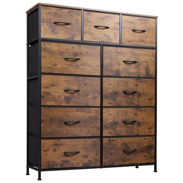 WLIVE Tall Dresser for Bedroom, Fabric Dressers Storage Tower, Dresser & Chest of Drawers Organizer Unit with 11 Drawers, Storage Cabinet, Hallway, Closets, Steel Frame, Wood Top, Rustic Brown