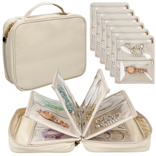 LingLingo Travel Jewelry Organizer Case,Jewelry Bags for Traveling, Jewelry Binder with 24 Pcs Clear Zipper Velvet Pouches for Storing Earrings, Rings, Necklace, Bracelet, Watch (Beige)