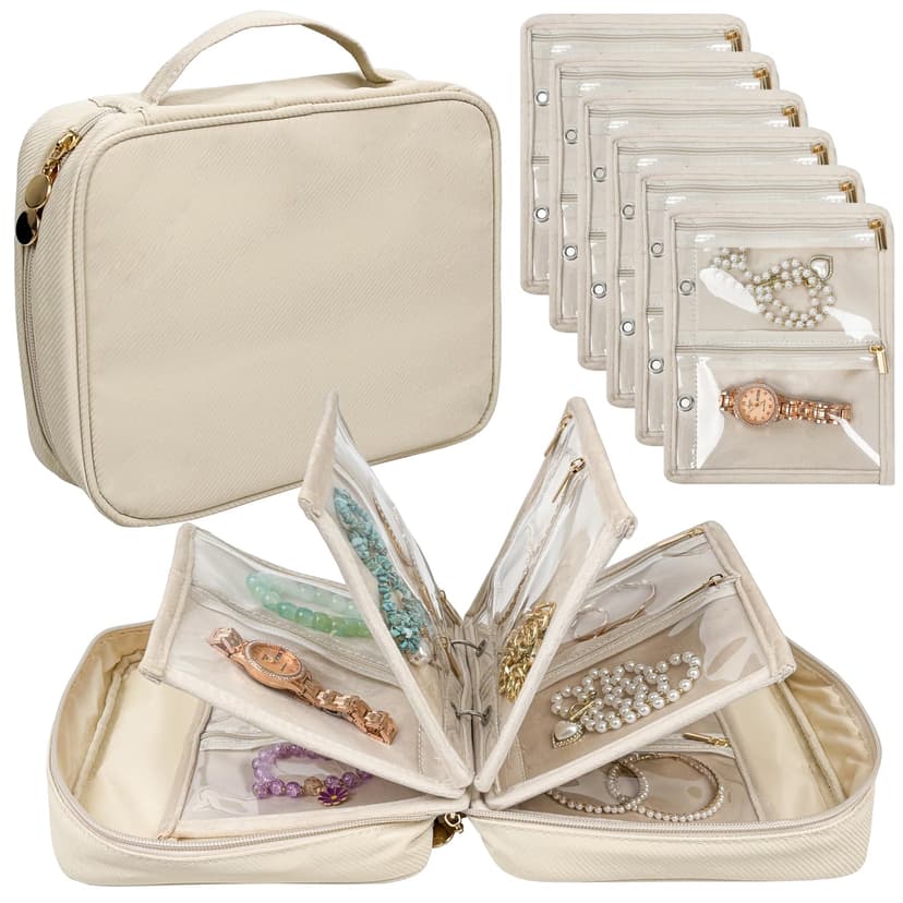 LingLingo Travel Jewelry Organizer Case,Jewelry Bags for Traveling, Jewelry Binder with 24 Pcs Clear Zipper Velvet Pouches for Storing Earrings, Rings, Necklace, Bracelet, Watch (Beige)