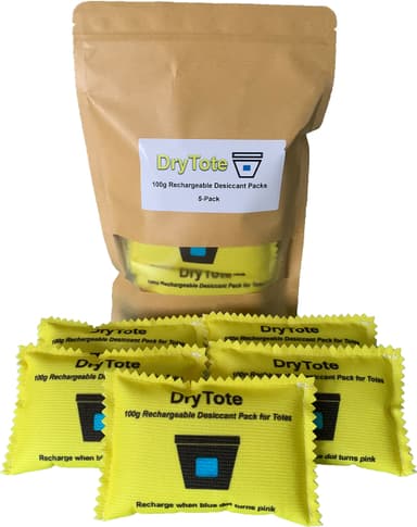 DryTote Rechargeable Desiccant Pack (Pack of 5), Ultimate Moisture Absorption, Color Change Indicator, Safe Storage Protection, Large Capacity 200 Gallons, 100g, Yellow