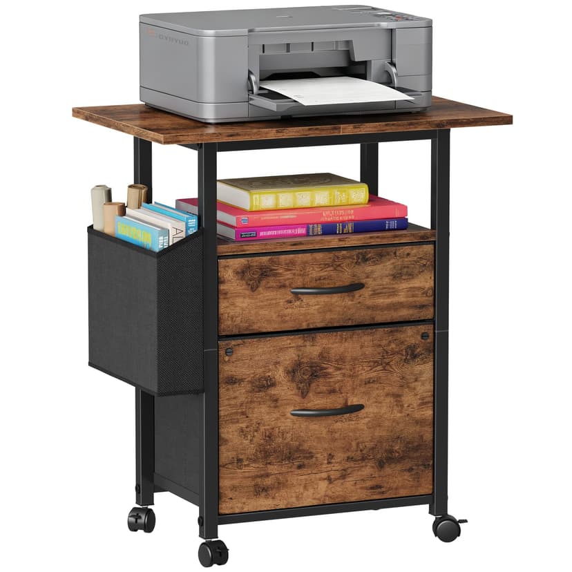 GYIIYUO 2 Drawer File Cabinet with 24'' Extended Desktop, Mobile Filing Cabinet, Rolling File Cabinet with Side Bag, Fabric Drawer, Fits A4/Letter Size, Printer Stand Home Office, Light Brown