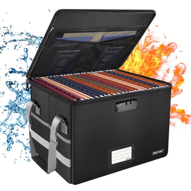 ENGPOW File Box with Lock,Fireproof Document Box with Zipper&Pockets,Collapsible File Organizer Filing Storage Cabinet with Handle,Portable Home Office Safe for Hanging Letter/Legal Folder,Black