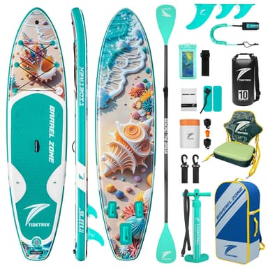 TIDETREK 11'/11'6" x 33"/34" x 6" Inflatable SUP Paddle Board – Extra-Wide, Stable Stand Up Paddle Board with Premium Full Accessory Set for Adults & Youth (Shell Whisper/Kayak Seat, 11'x33 x6)