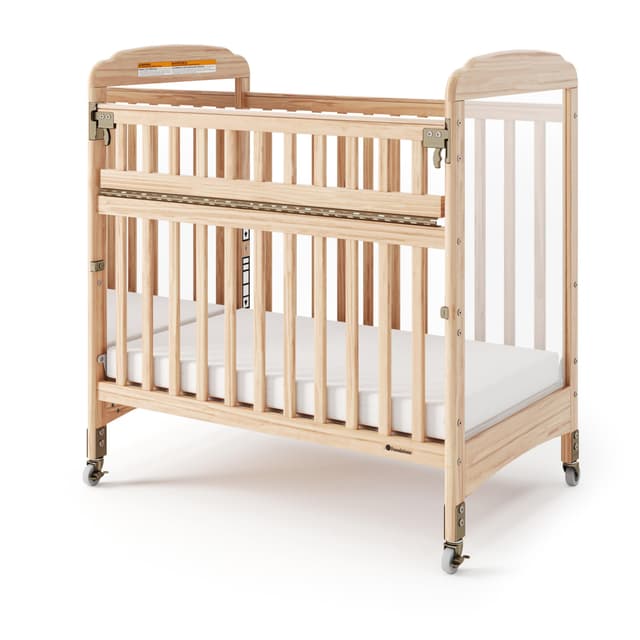Foundations Serenity SafeReach Mirrorview Crib with Access Gate, Natural, Adjustable Mattress Board, Compact Wooden Baby Crib, Mirrored End Panels, Includes 3” Foam Mattress
