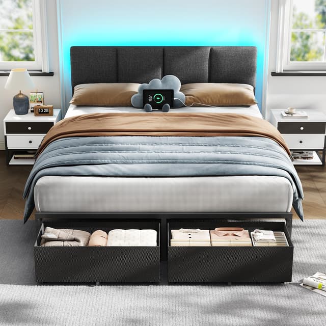 Furnulem Queen Bed Frame with Adjustable Headboard, Upholstered Bed with 2 Storage Drawers, Built-in USB Charging Station & LED Lights, Platform Bedframe with Metal Slats, No Spring Box Needed, Grey