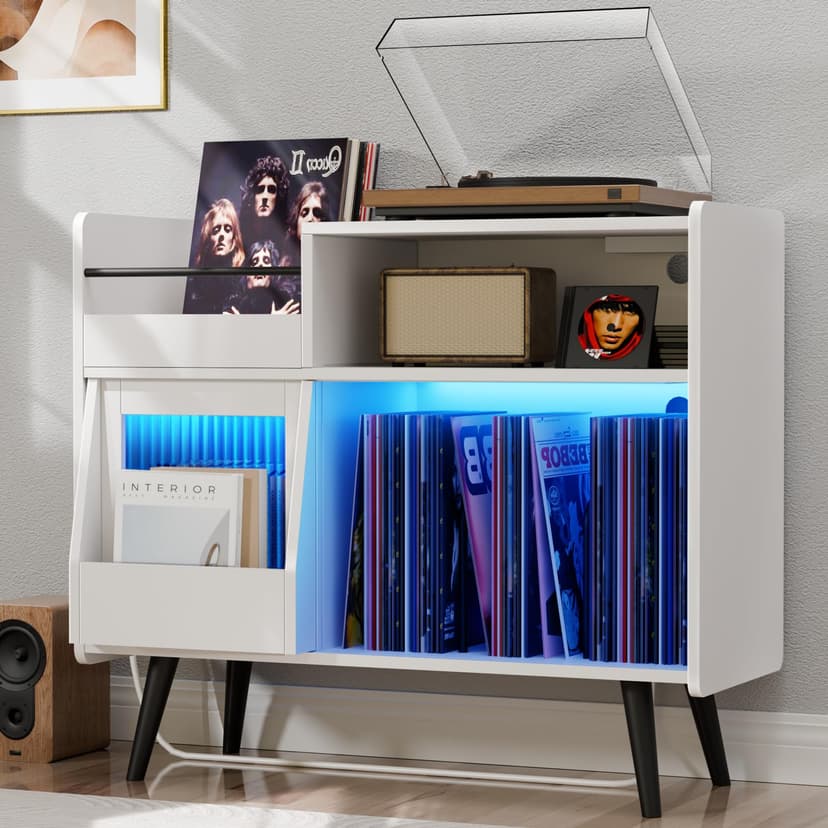 MULEJYBO Large White Record Player Stand with Sliding Door,350 Vinyl Record Storage Cabinet, Record Player Table with Power Outlet and LED Light,Turntable Stand with Wood Legs for Living Room,Office