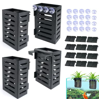 Uprony Aquarium Plant Holder 4 PCS Hanging Aquatic Plant Pot with 24 Hooks and 20 Suction Cups for Fish Tank Aquarium Planter and Aquascape Decorations (Black)