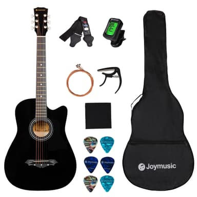 Joymusic 38 inch black beginner acoustic guitar,bundle with a strap with picks holder,digital tuner, set strings, capo,cleaning cloth,6 picks,gig bag.(JG-38C,BK)