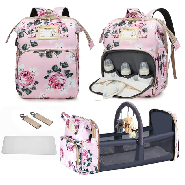 GurZinn Diaper Bag Backpack with Changing Station, Foldable for Bady Toddler, 3 in 1 Large Capacity Newborn Essentials Organizer with Stroller Hook for Girls and Boys(Pink)