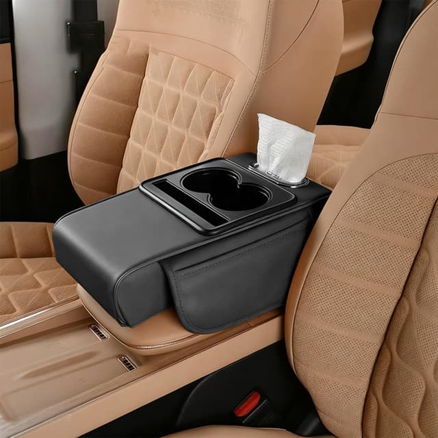 UNLRAE Car Armrest Storage Box,Car Accessories Console Organizers and Storage,Universal Waterproof Leather Console Cover with Cup Holder and Phone Holder,Suitable for Most Cars (Normal, Black)