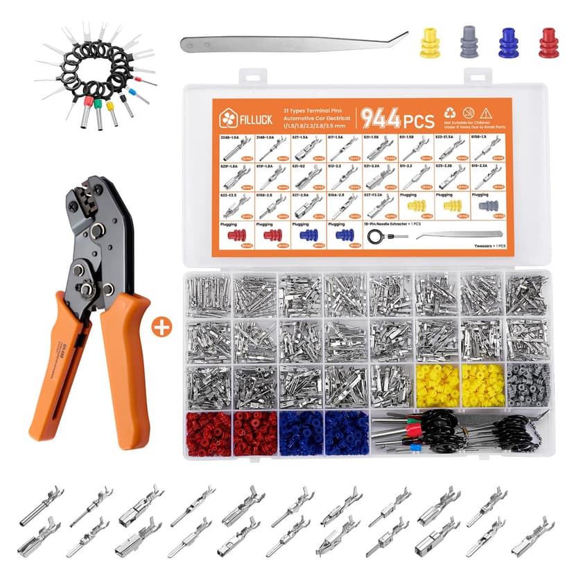 Filluck 945Pcs Pin Connector Kit,Car Electrical Wire Connectors Terminal Pins,21Type Non-Insulated Plug 1/1.5/1.8/2.2/2.8/3.5mm,Large Quantity&Easy Store with Ratchet Crimping Tool 22-16 AWG