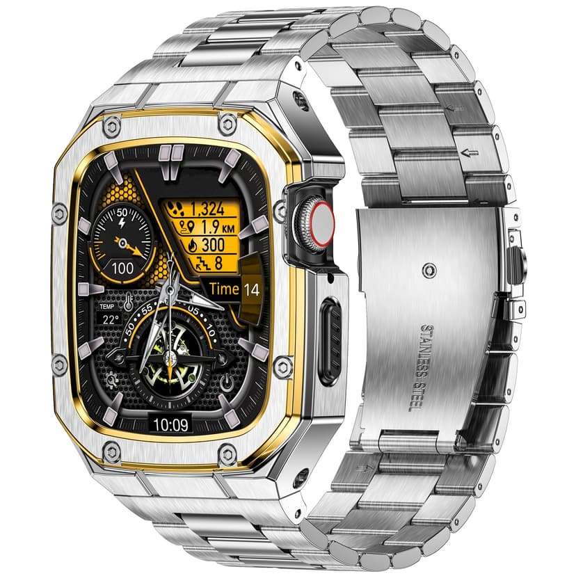 BAITEYOU Stainless Steel Watch Band with Case Compatible with Apple Watch Series 11 10 46mm, Rugged Strap with Metal Protective Bumper Cover for iWatch Bands Men (Silver/Gold)