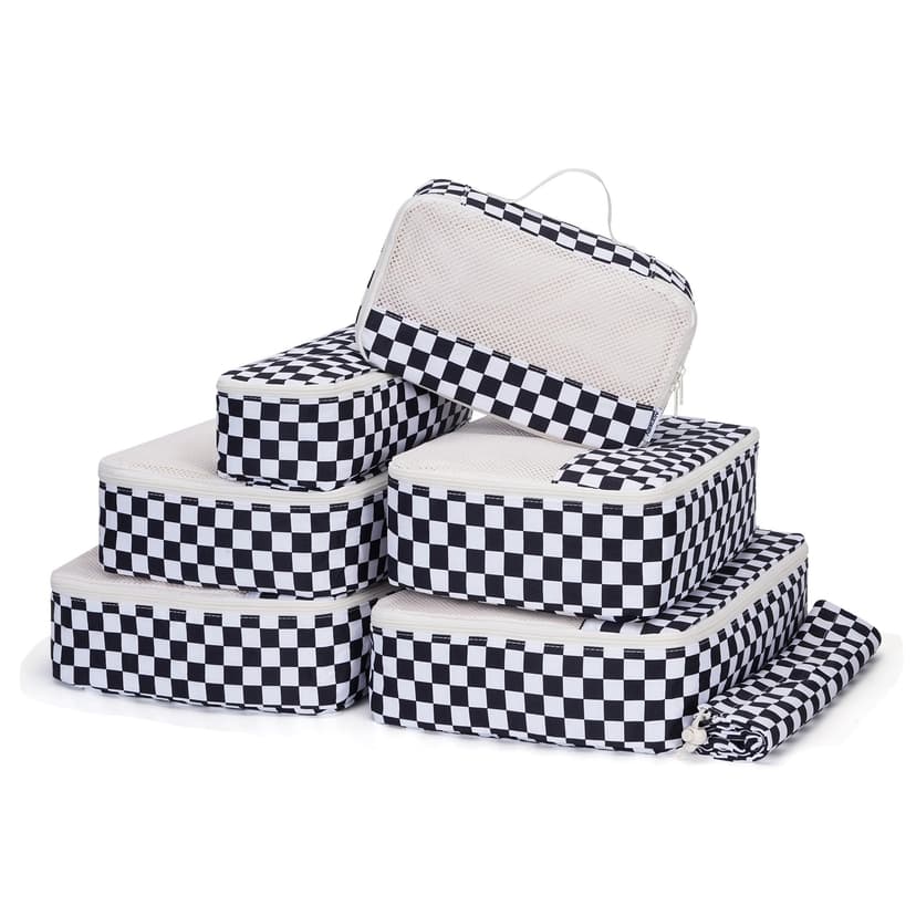 Narwey 7 Set Checkered Packing Cubes for Travel Carry on Suitcase Luggage Organizer Bags for Kids Women Men, Durable Packing Organizers Bag, Travel Essentials Accessories (Black Checkerboard)