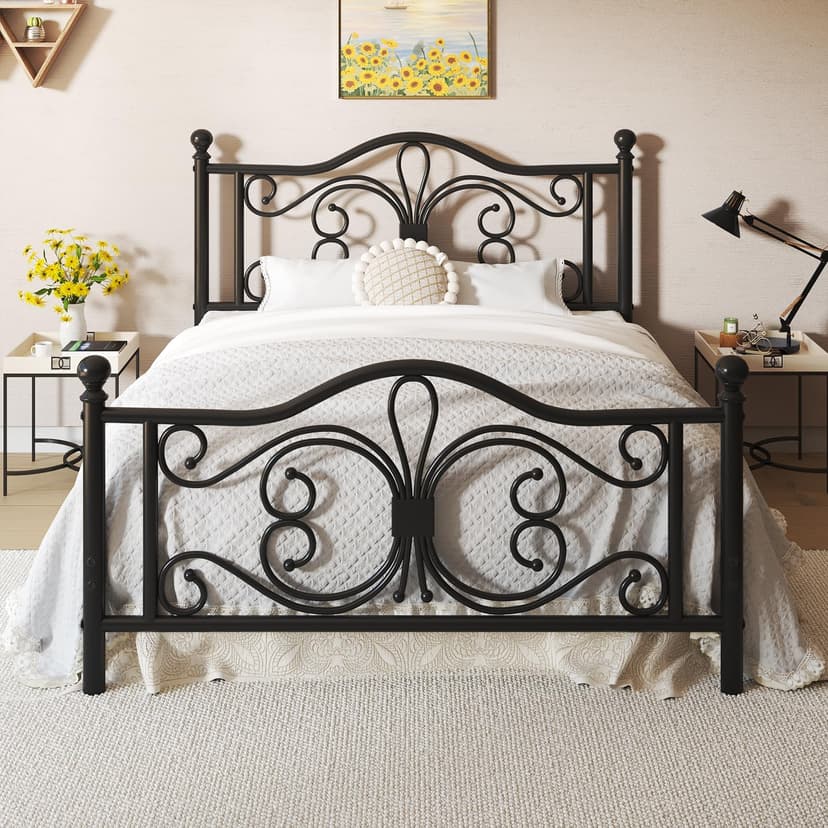 LOEWAY Full Size Bed Frame/Metal Platform Bed Frame with Butterfly Pattern Design Headboard and Footboard/Strong Metal Slats Support/No Box Spring Needed/Easy Assembly/Noise-Free/Black
