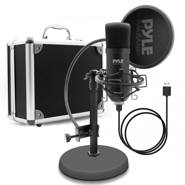 USB Microphone Podcast Recording Kit - Audio Cardioid Condenser Mic w/Desktop Stand and Pop Filter - for Gaming PS4, Streaming, Podcasting, Studio, YouTube, Works w/Windows Mac PC - Pyle PDMIKT120