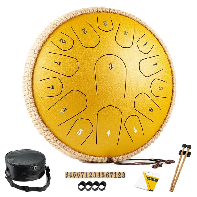 HOPWELL Steel Tongue Drum - 13 Inches 15 Notes Tongue Drum - Hand Pan Drum with Music Book, Drums Mallets and Carry Bag, D Major (Yellow)