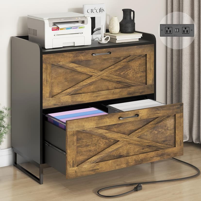 Halitaa Lateral File Cabinet with Charging Station, 2 Drawer File Cabinet for Letter/Legal/A4 Size Hanging Files, Large Wood File Storage Cabinets, Rustic Brown and Black