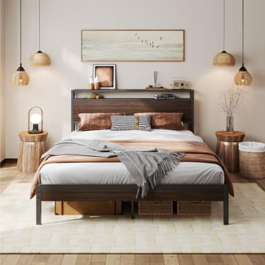 LIKIMIO Queen Bed Frame with Headboard, Dark Wood Camas Queen with Strong Supports, Sturdy, Noise-Free, No Box Spring Needed, Dark Brown
