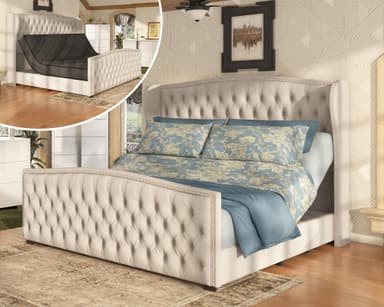 AMERLIFE 51" H Queen Size Adjustable Bed Frame with Velvet Upholstered and Deep Button Tufted Headboard, Electric Bed with Dual Motor/Nailhead Trim Wingback, No Box Spring Needed, Cream