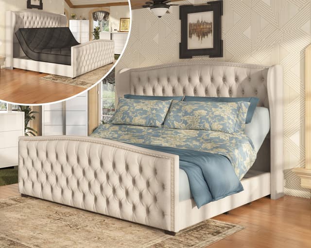 AMERLIFE 51" H Queen Size Adjustable Bed Frame with Velvet Upholstered and Deep Button Tufted Headboard, Electric Bed with Dual Motor/Nailhead Trim Wingback, No Box Spring Needed, Cream