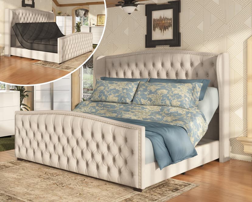 AMERLIFE 51" H Queen Size Adjustable Bed Frame with Velvet Upholstered and Deep Button Tufted Headboard, Electric Bed with Dual Motor/Nailhead Trim Wingback, No Box Spring Needed, Cream