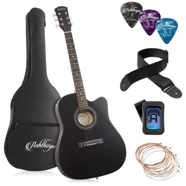 Ashthorpe 41-inch Beginner Cutaway Acoustic Guitar Package (Black), Full Size Basic Starter Kit w/Gig Bag, Strings, Strap, Tuner, Picks