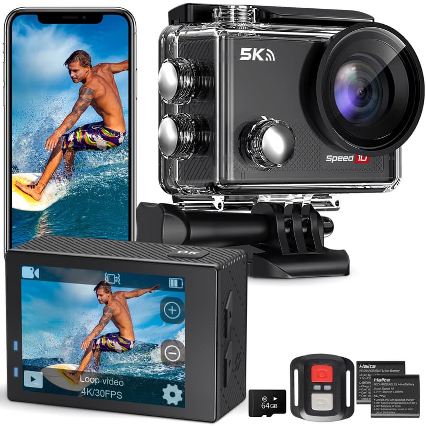 Hiicam Action Camera 5K 30FPS Waterproof Camera Underwater 131FT with EIS WiFi App Remote Control 64GB Card 170° Wide Angle Sports Helmet Bike Video Black with 64GB Card