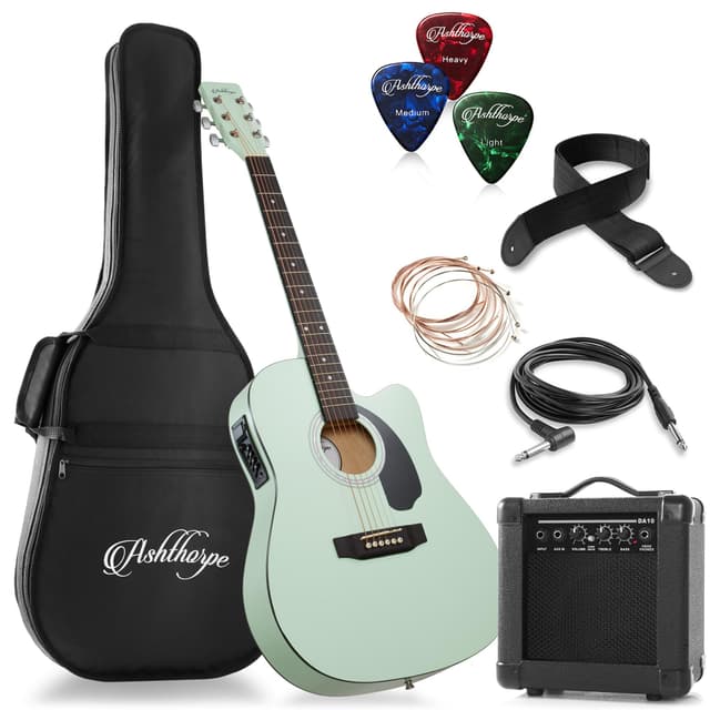 Ashthorpe Full-Size Thinline Cutaway Acoustic Electric Guitar Package with 10 Watt Amp - Mint Green