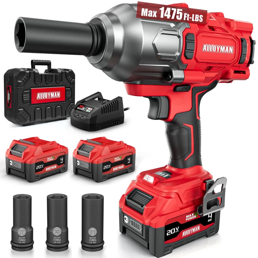 Alloyman Cordless Impact Wrench, 1475Ft-lbs (2000N.m) 1/2 High Torque Brushless Impact Gun, 20V Power Impact Driver, 2*4000mAh Battery,3 Sockets, Brushless Motor Variable Speeds for Car/Truck RV/Mower