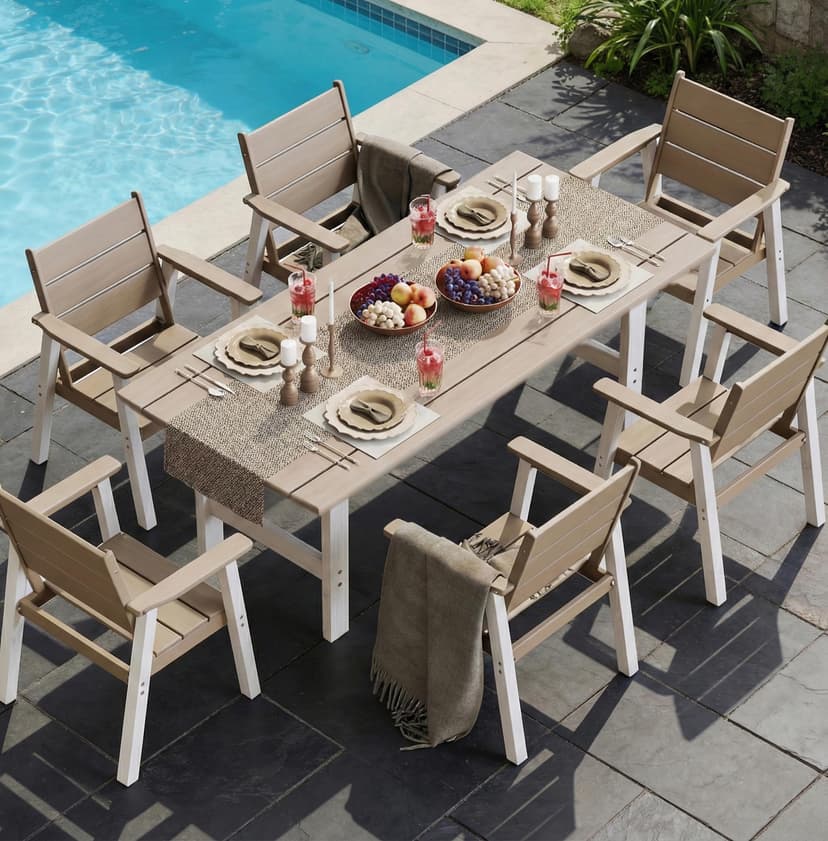 Polyhouz Outdoor Dining Set for 6, 7-Piece Patio Table and Chairs Set, HDPE Outdoor Dining Table and Chairs with Umbrella Hole, All-Weather Dining Furniture Set,White Brown