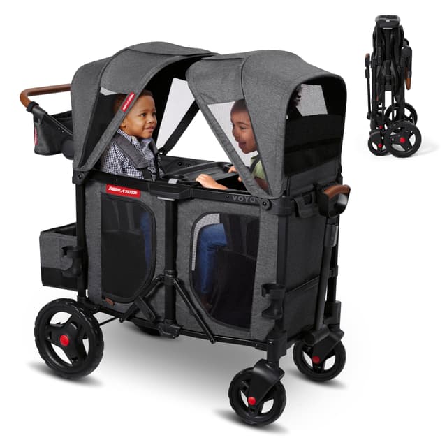Radio Flyer Voya Stroller Wagon, for Ages 6+ Months, Extra Tall Sides, Push or Pull, 2 Seats, Dual Sun Canopies, Compact Fold, Lightweight, Storage Space, 5-Point Harnesses, Stroller Wagon for Kids