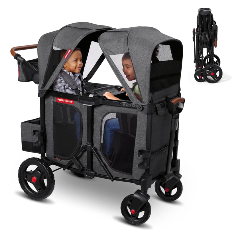 Radio Flyer Voya Stroller Wagon, for Ages 6+ Months, Extra Tall Sides, Push or Pull, 2 Seats, Dual Sun Canopies, Compact Fold, Lightweight, Storage Space, 5-Point Harnesses, Stroller Wagon for Kids
