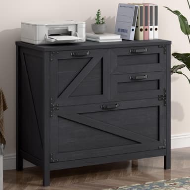 Vabches Wood Lateral File Cabinet with 4-Drawer for Hanging Files Letter/A4/Legal Size, Large Farmhouse Filing Cabinets for Home Office, Printer Stand with Office Cabinet, Office Furniture, Black